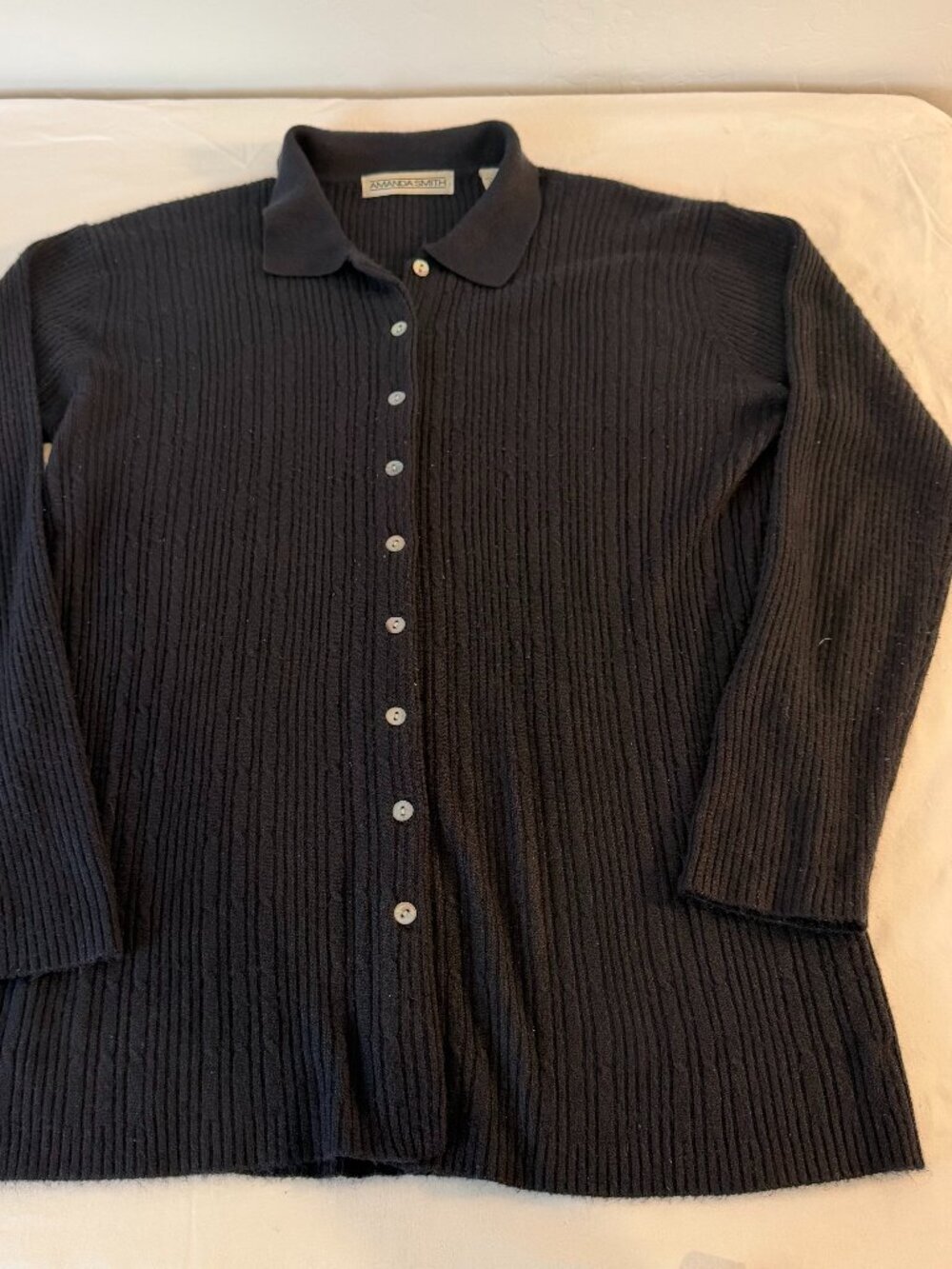 Vintage Amanda Smith Rib Knit Cardigan Sweater Women's M Black Button Front